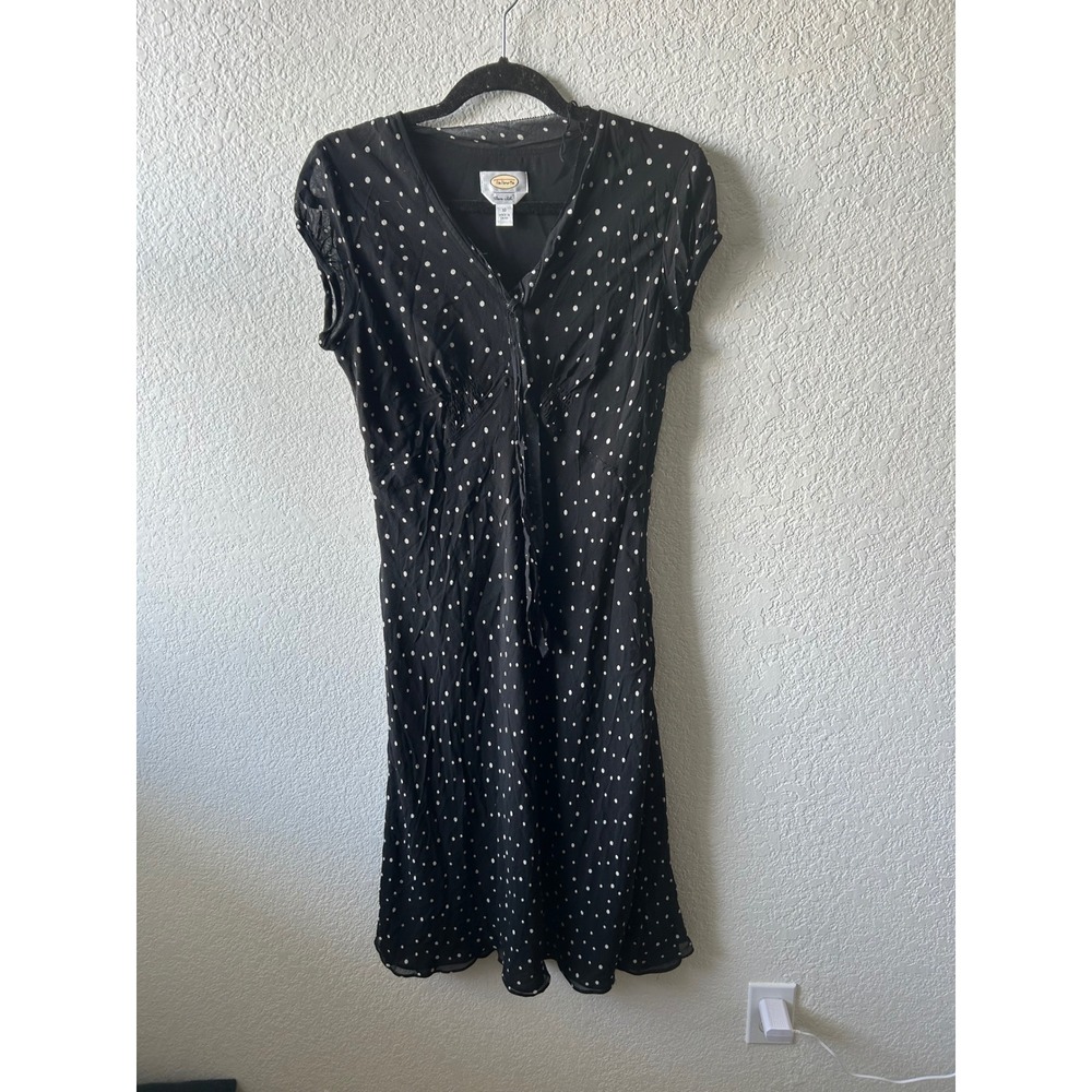Vtg Talbots Black Polka Dot Pure Silk Midi‎ Dress Size 10 V Neck Classy Pinup
